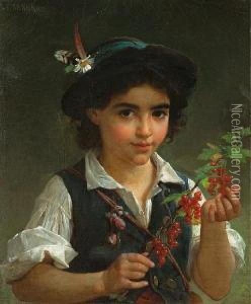 A Young Boy Holding A Branch Of Berries Oil Painting - Emile Munier