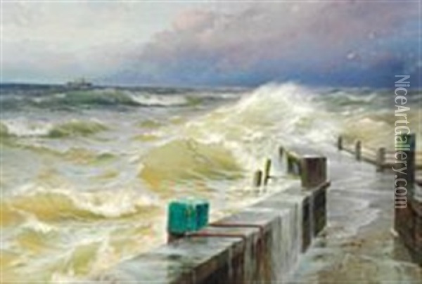 At A Pier In Stormy Weather Oil Painting - Alexei Vasilievitch Hanzen