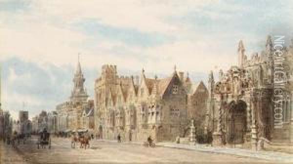 The High Street, Oxford, Looking
 Towards Carfax Tower With Views Ofthe University Church Of St. Mary, 
And Brasenose College Oil Painting - Francis Philip Barraud