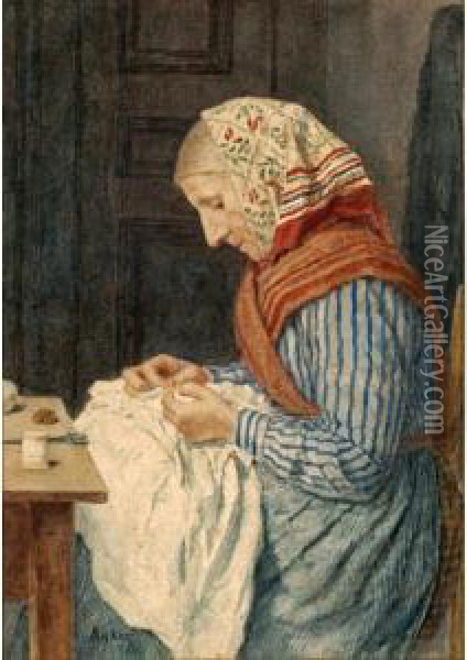 A Farmer's Wife, Sewing Oil Painting - Albert Anker