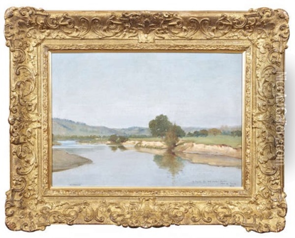 River Landscape, With Clear Blue Sky (possibly France) Oil Painting - Henry Jones Thaddeus