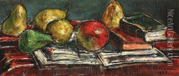 Still Life With Books And Apples Oil Painting - Gheorghe Petrascu