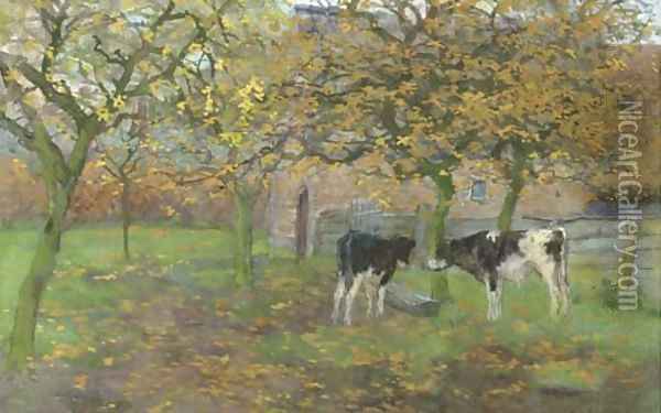 Calfs in the orchard Oil Painting - Geo Poggenbeek