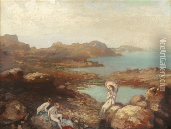 Woman And Children On The Seashore Oil Painting - George Russell