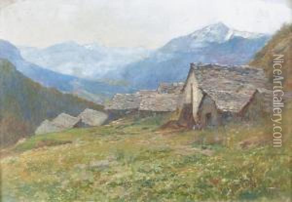 Sommerliche Tessiner Berglandschaft Mit Alpsiedlung. Oil Painting - Gioachimo Galbusera