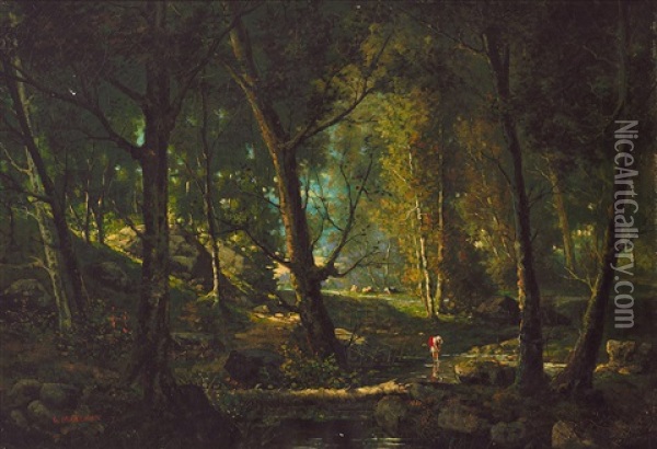 Prachtvolle Sommerliche Waldlandschaft Mit Hirtin An Einem Bach Oil Painting - Gustave Mascart