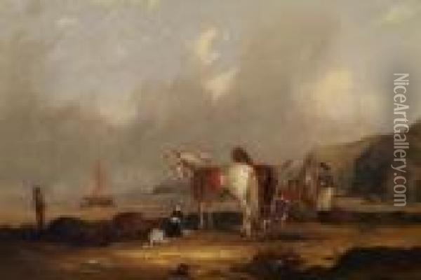 Fisherfolk And Horses On The Shore Oil Painting - Snr William Shayer