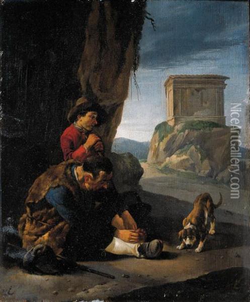 Vagabonds Resting By A Cliff On A
 Pass; And A Peasantwoman With Herchildren Resting By A Fence In 
Italianate Landscapes Oil Painting - Johannes Lingelbach