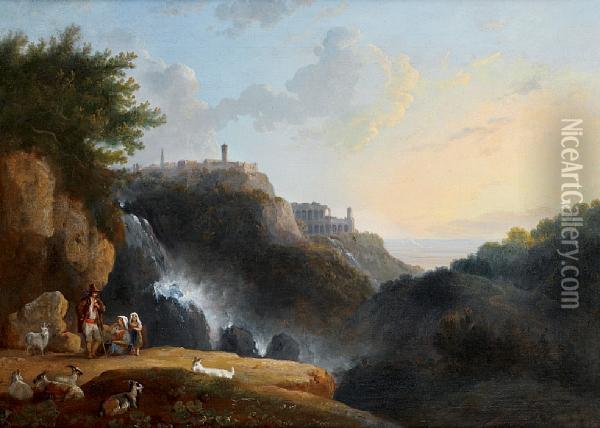 A Shepherd And Shepherdesses Grazing Theirherd Before The Cascatelle At Tivoli With The Ruins Of Thesanctuary Of Hercules Victor, Formerly Thought To Be Those Of Thevilla Of Maecenas, In The Distance Oil Painting - Thomas Jones