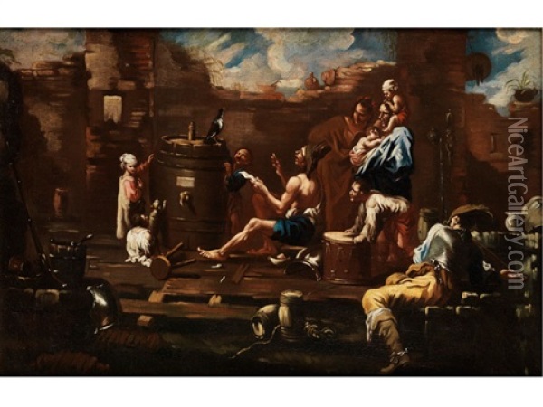 Schaustellergruppe Beim Uben Mit Einem Sprechenden Raben Oil Painting - Alessandro Magnasco