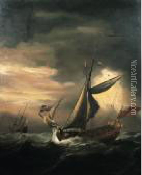 An English Royal Yacht And Other Shipping In Heavy Seas Oil Painting - Willem van de, the Elder Velde
