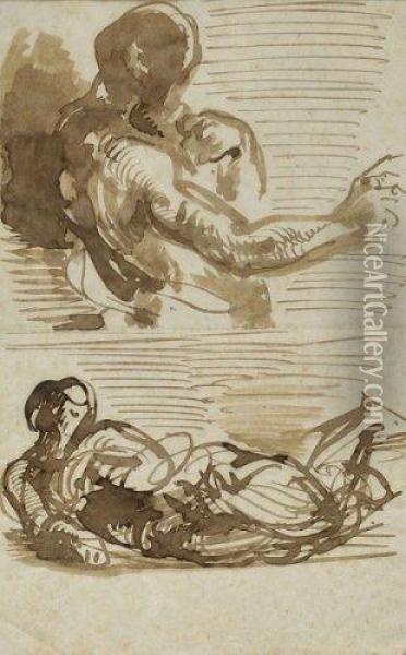 Etude D'homme Et De Figure Allongee Oil Painting - Eugene Delacroix