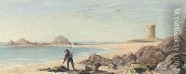 La Hocq Tower And Pontac Sands, St Clement, Jersey Oil Painting - L. De Jersey