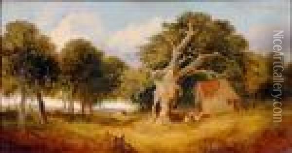 Wooded Landscape With Figures By A Cottage And An Old Oak Tree Oil Painting - John Crome