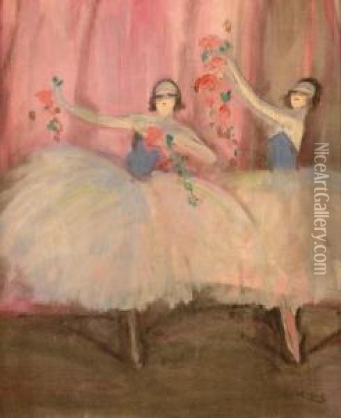 Ballerinas On Stage, Holding Flowerbouquets Oil Painting - Charles F. Girard Gir
