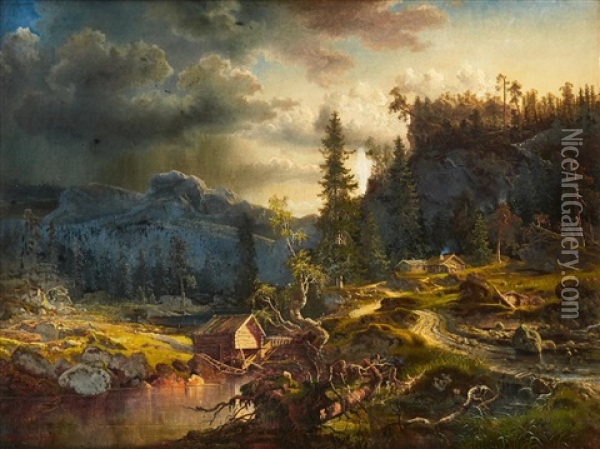 Bergslandskap Med Stugor Oil Painting - Marcus Larsson