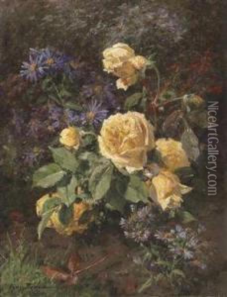 Grand Floral Still Life With Yellow Roses Oil Painting - Aymar Pezant