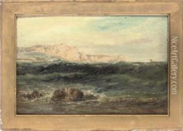 Waves Breaking Off The Coast Of Swanage Oil Painting - Reginald T. Jones