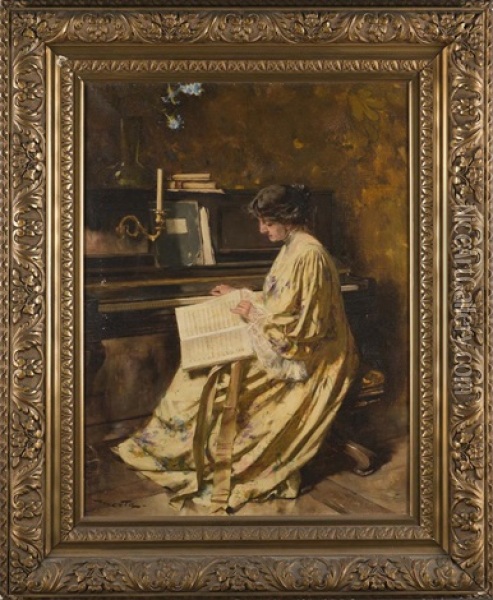 La Lecon De Piano Oil Painting - Edouard (John) Menta