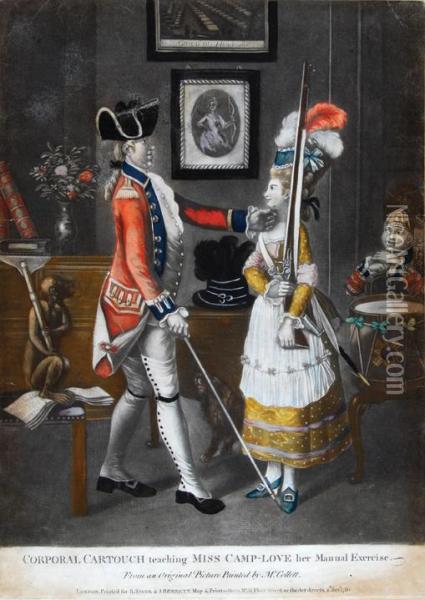 Corporal Cartouche Teaching Miss Camp-love Her Manual Exercise,
 The Straight-backed Corporal Touches The Chin Of His Pretty Young Recruit As She Stands To Attention In A Domestic Interior, A Monkey Holds A Flute To The Left, And A Cheeky Drummer Boy Watc Oil Painting - John Collet