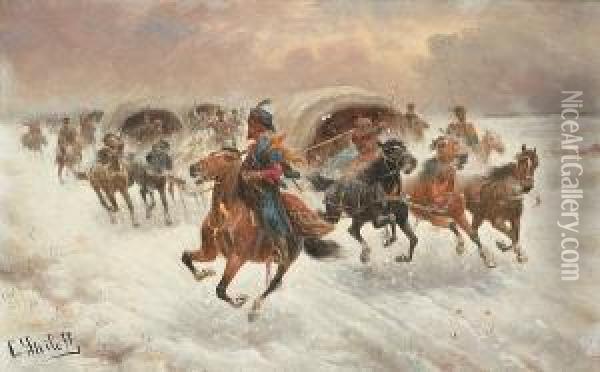 Huzzars In A Winter Landscape Oil Painting - Konstantin Stoilov