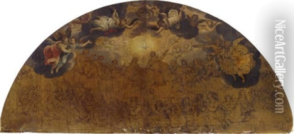 The Holy Trinity With Angels, Putti And A Congregation Of Saints Oil Painting - Giovan-Battista (Il Malosso) Trotti