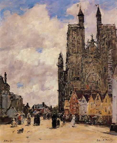 Abbeville, Street and the Church of Saint-Folfran Oil Painting - Eugene Boudin