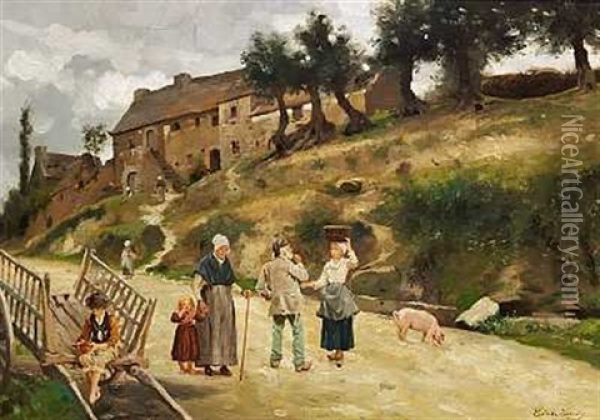 En Landevej Med Folkeliv I Sydfrankrig Oil Painting - Cecile (Mme. Guerin) Ferrere