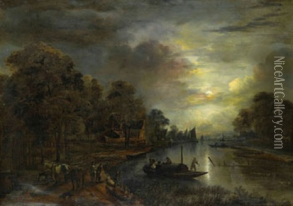 Manbelyst Flodlandskap Med Fiskare Oil Painting - Aert van der Neer