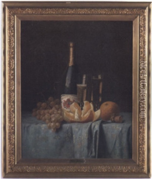 Still Life Of A Bottle Of Wine, Goblets, Grapes, And Oranges On A Table With Floral Cloth Oil Painting - Milne Ramsey