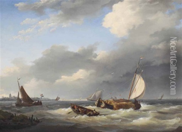 A Haybarge On Choppy Waters Oil Painting - Nicolaas Riegen