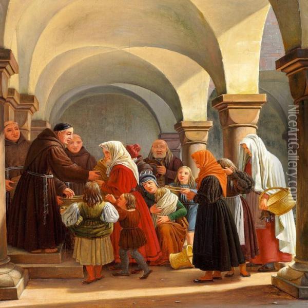 Alms. Monks Distributing Food To The Poor In An Italian Cloister. Oil Painting - Martinus Rorbye