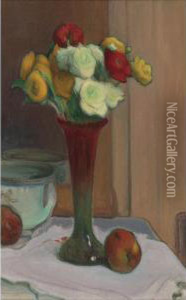 Vase De Fleurs, Pot Et Pommes Oil Painting - Wladyslaw Slewinski