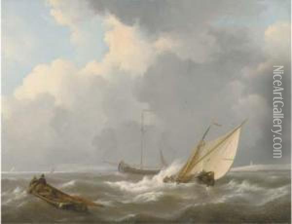 Shipping In A Brisk Wind Oil Painting - Johannes Christian Schotel