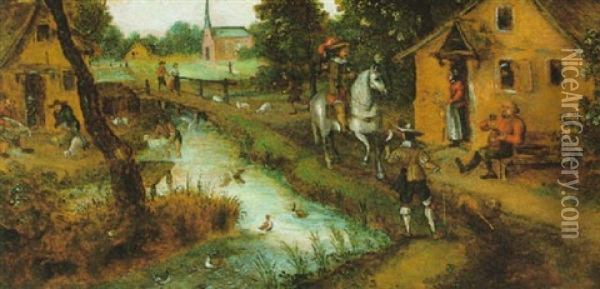 Flamisches Dorf An Einem Flus Mit Bauern, Einem Reiter Und Dessen Gehilfen Auf Der Falkenjagd Oil Painting - Pieter Brueghel the Younger