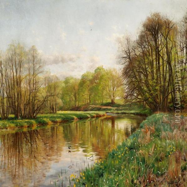 Springtime Along The Stream Oil Painting - Peder Mork Monsted