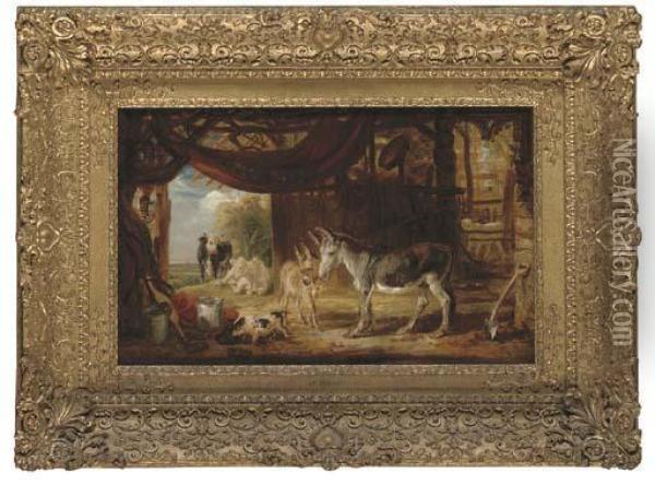 Donkeys And A Pig In A Barn With Cattle Beyond Oil Painting - James Ward