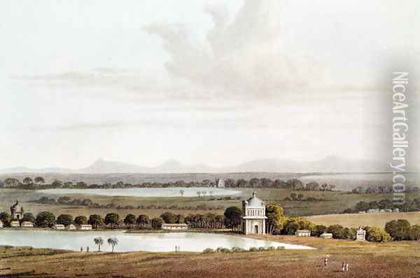 Second view looking north from the Pagoda near Conjeveram, from 'Journal of a Voyage in 1811 and 1812 to Madras and China, engraved by J. Clark, published 1814 Oil Painting - Wathen, James