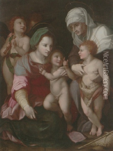 The Madonna And Child With The Infant Saint John The Baptist, With Saint Anne And Two Angels Oil Painting - Andrea Del Sarto