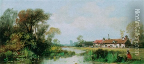 A Landscape With Farmhouses Along A River Oil Painting - Johan Daniel Koelmann