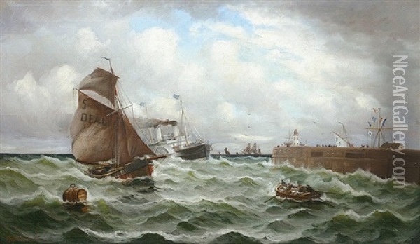 Raddampfer Bark Und Fischerboote Auf Unruhiger See Vor Der Kuste Oil Painting - Alfred Serenius Jensen
