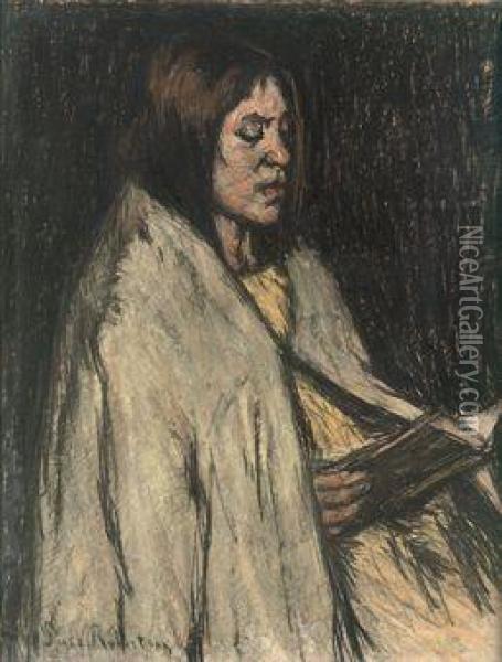 Ernstige Lectuur: A Girl Reading A Book Oil Painting - Suze Robertson
