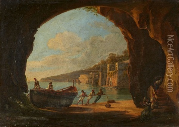 Grotto On The Gulf Of Naples With A View Of The Sea Oil Painting - Consalvo Carelli