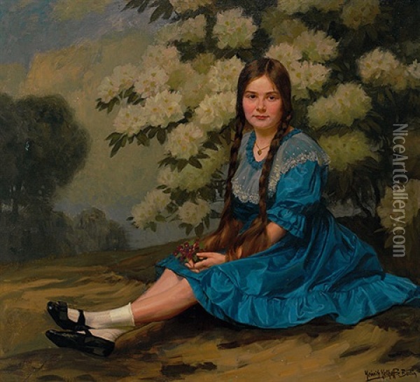 Portrait Eines Madchens Im Blauen Kleid, Vor Weisem Rhododendronbusch Sitzend Oil Painting - Heinrich Hellhoff