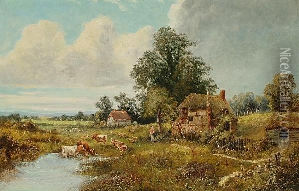 Cattle Watering In An Extensive Landscape Oil Painting - Octavius Thomas Clark