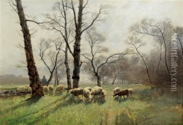 Shepherd With His Flock In The Evening Light Oil Painting - August Fink