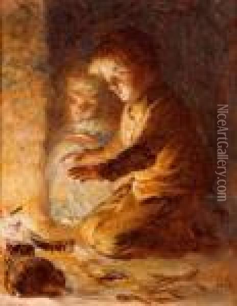 Two Children Warming Themselves By A Fire Oil Painting - John Dawson Watson