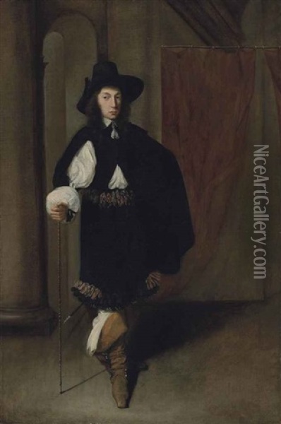 Portrait Of A Gentleman, Full-length, In A Black Coat And Hat Holding A Cane In His Right Hand, In A Draped, Colonnaded Interior Oil Painting - Jacobus Levecq