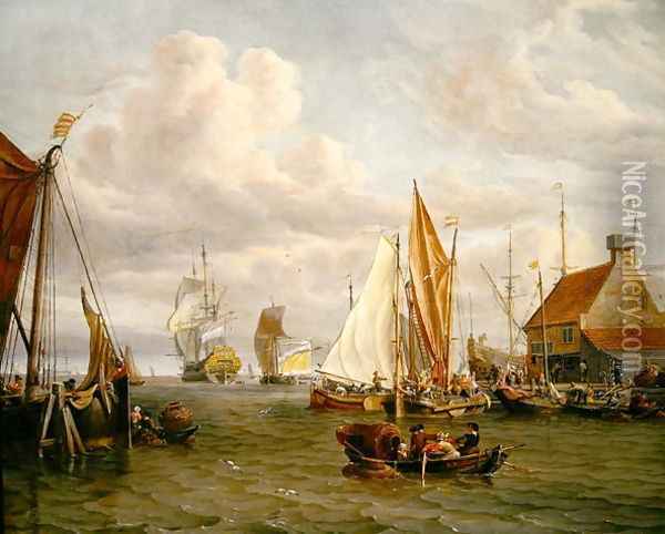Dutch Men of War and Fishing Boats in a Port Oil Painting - Abraham Storck