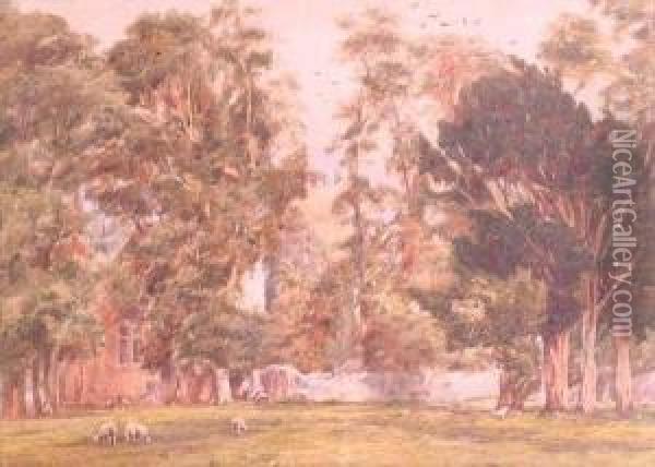 Sheep In A Meadow Before A Castle Ruin Oil Painting - William James Bennett